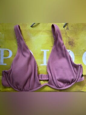 Roxy Ribbed V-Neck Wire Bikini TOP in Mauve Pink Medium